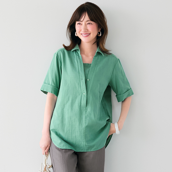 ソフトダブルガーゼ・半袖マチ付きスキッパーシャツ | シャツ/ブラウス