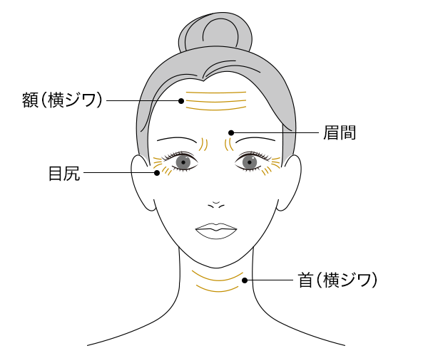 「目尻」、「眉間」、「額（横ジワ）」、「首（横ジワ）」