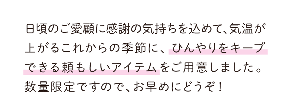 ひんやりをキープできる頼もしいアイテムをご用意。数量限定ですので、お早目にどうぞ！