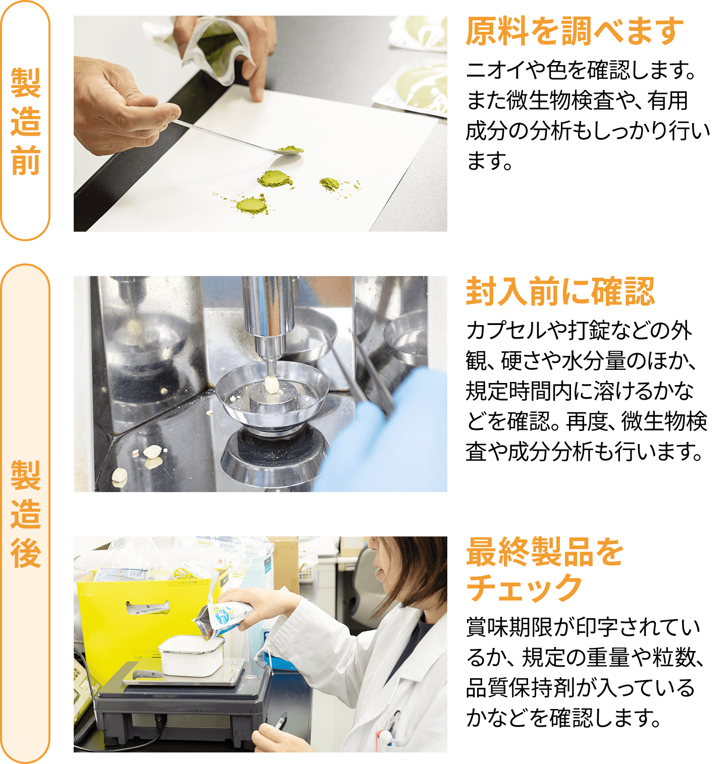 製造前・製造後：原料を調べます、封入前に確認、最終製品をチェック