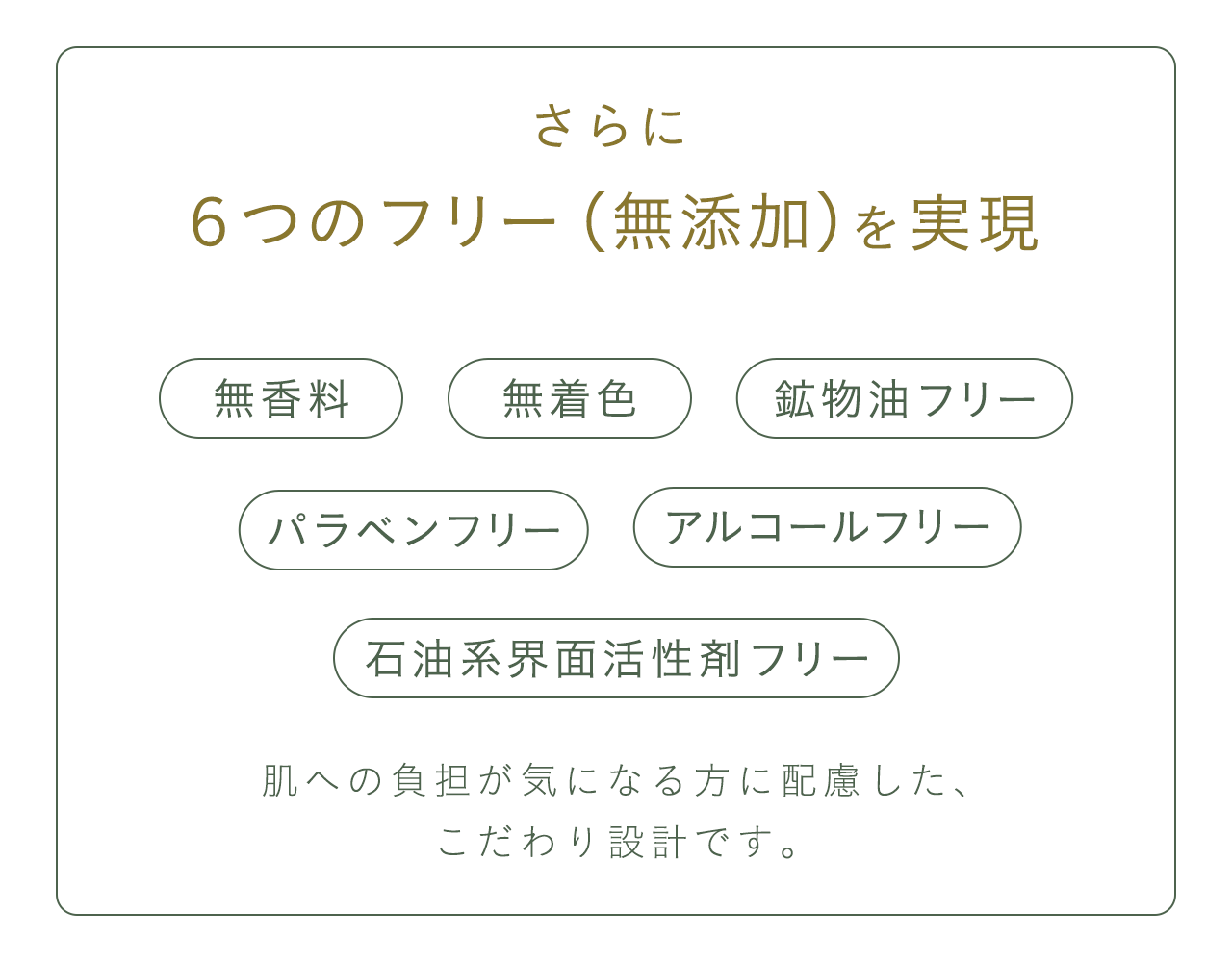 さらに6つのフリー（無添加）を実現 肌への負担が気になる方に配慮した、こだわり設計です。