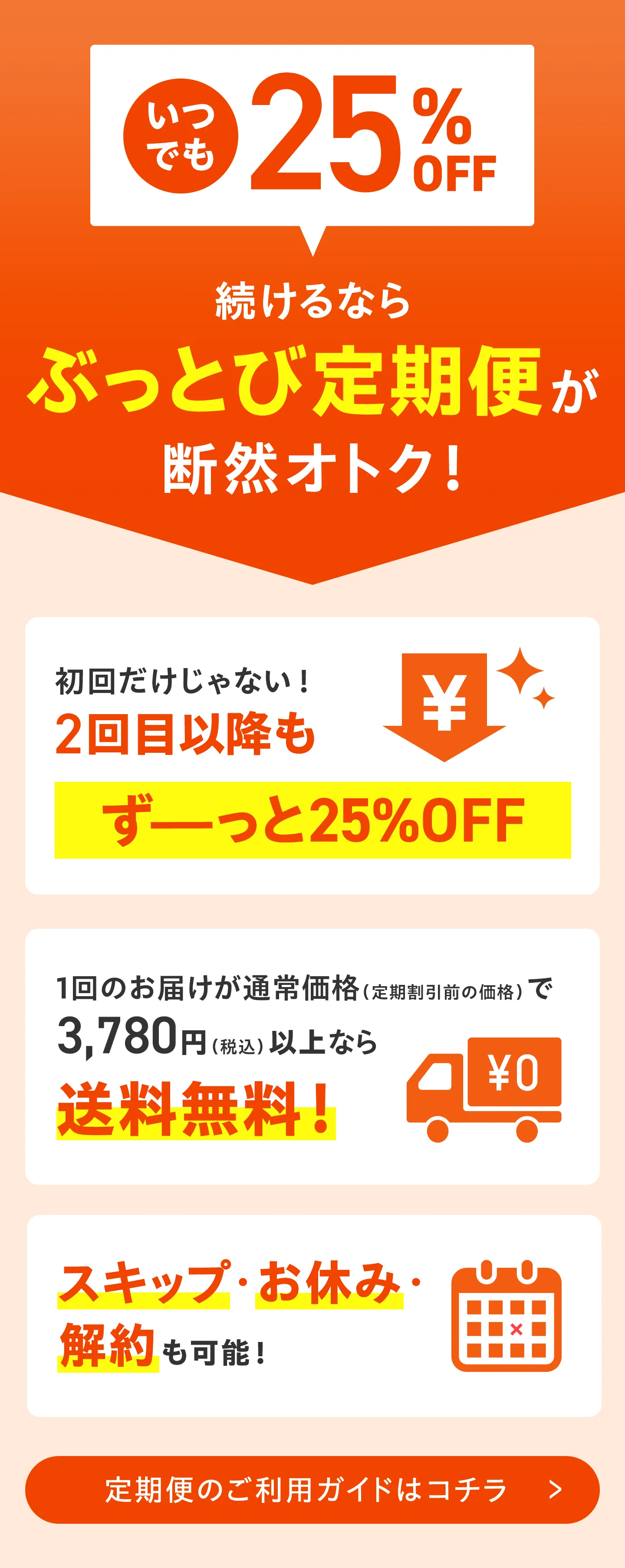 いつでも25%OFF!始めるならぶっとび定期便が断然オトク！