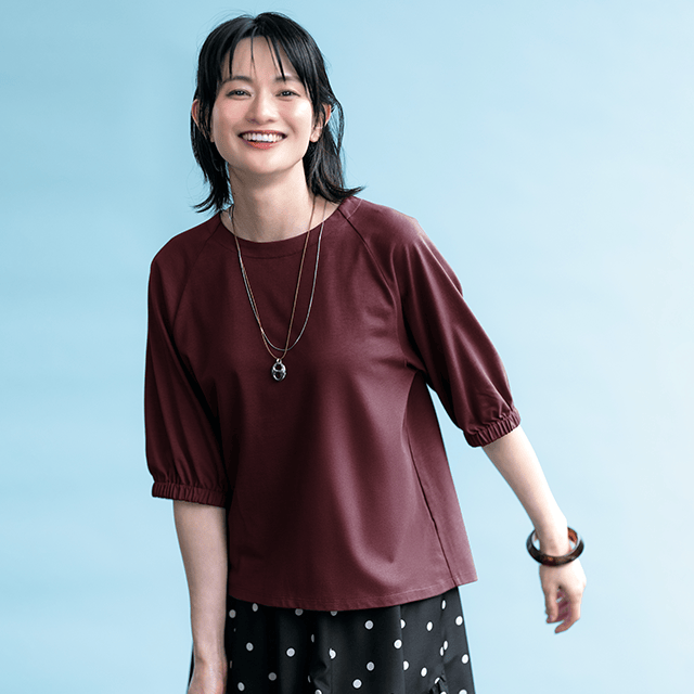 涼美コット・ギャザースリーブカットソー